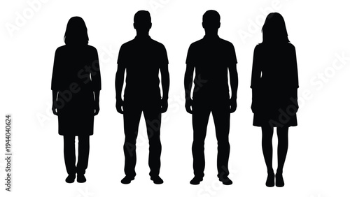 Silhouette of four people standing in a row on white background, black shapes representing human figures in various attire