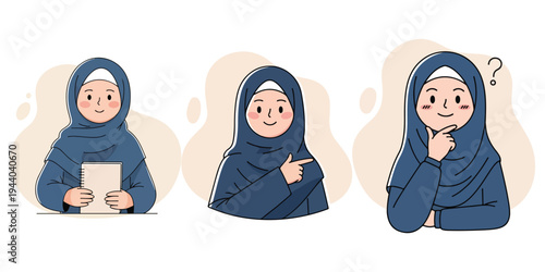Illustrations of a Muslim woman in a hijab, showcasing different expressions and actions