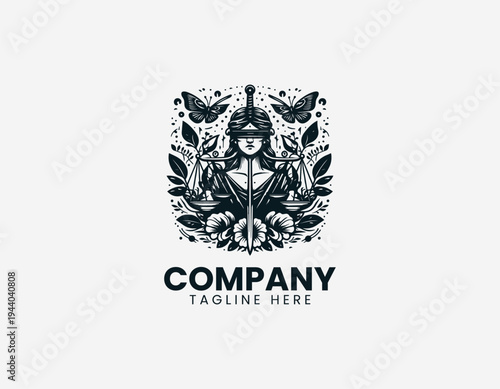 Free Download Blindfolded justice woman holding sword and scales with floral elements in elegant black vector illustration style - GFXLoad