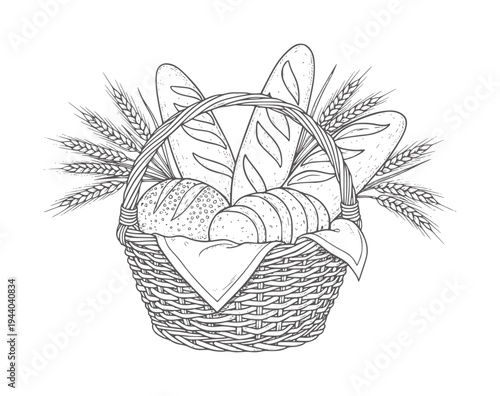 Hand drawn basket filled with assorted breads and wheat stalks food