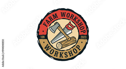 Rustic circular logo featuring an axe and saw crossed over a log, with text 'Farm Workshop' and 'Workshop' around the emblem.