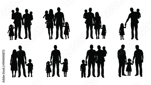 Collection of diverse family silhouettes with adults and children in various poses and configurations