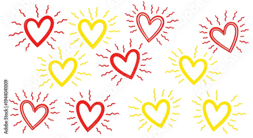 Hand Drawn Hearts with Sunburst Effect - Red and Yellow