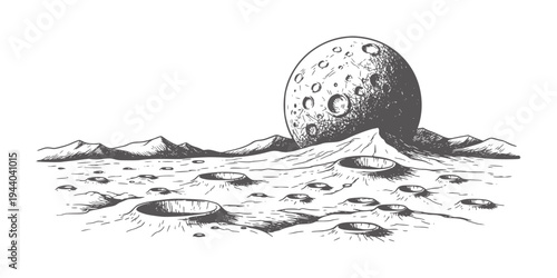 Lunar landscape with craters and a large moon rising over mountains