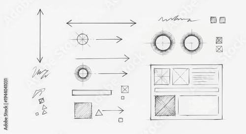 Technical pencil sketch sheet of UI design elements. Fine-tipped graphite pencil doodles including thin arrows, circular highlights, and cross-hatched scribble boxes. Clean white background, architect