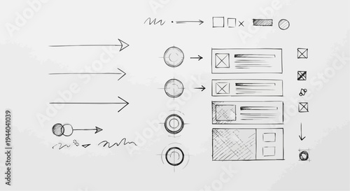 Technical pencil sketch sheet of UI design elements. Fine-tipped graphite pencil doodles including thin arrows, circular highlights, and cross-hatched scribble boxes. Clean white background, architect
