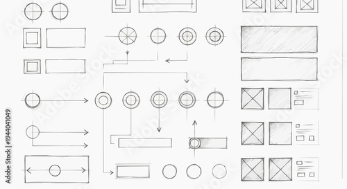 Technical pencil sketch sheet of UI design elements. Fine-tipped graphite pencil doodles including thin arrows, circular highlights, and cross-hatched scribble boxes. Clean white background, architect