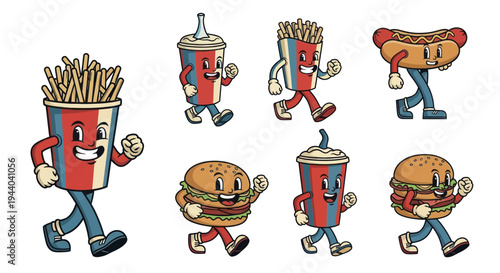 Retro Cartoon Fast Food Characters Walking