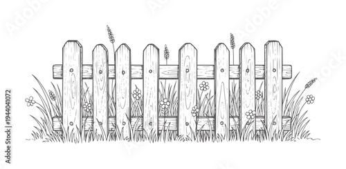 Of a wooden picket fence with grass and flowers