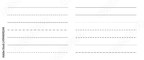 Line border set with dash dot black and cut design notebook. Pattern straight vector with abstract background collection and cross cute decorative. Different divider line with element graphic.