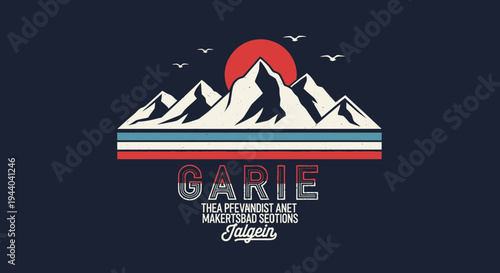 Retro Mountain Landscape with Sun and Birds, Vintage Style