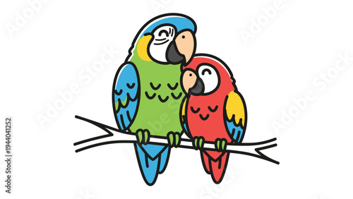 Playful Parrot Pair on a Branch: A vibrant cartoon illustration showcases two affectionate parrots perched together on a branch, their colorful plumage adding a cheerful touch.