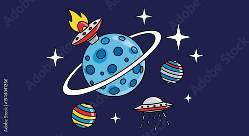 Cute cartoon space scene with UFOs, planets, and stars on dark blue background