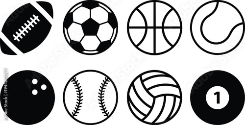 Collection of sports ball icons including soccer basketball tennis baseball volleyball bowling billiard american football, black vector set isolated on light background