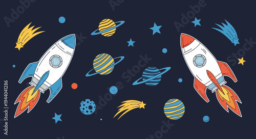 Cartoon rocket ships flying through starry space with planets and comets