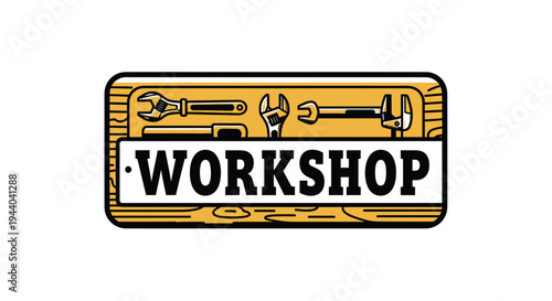 A vintage-style illustration of a wooden workshop sign featuring various tools like wrenches and a screwdriver, with the word "WORKSHOP" prominently displayed.
