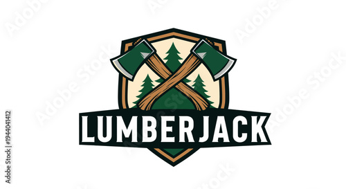 A stylized logo featuring two crossed axes in front of a shield with pine trees, and the word "LUMBERJACK" below.