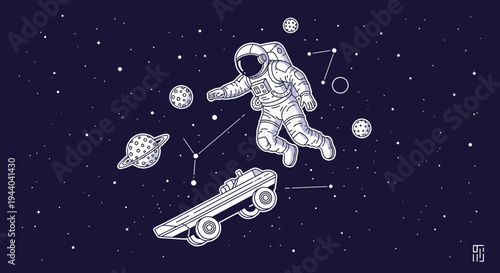 Astronaut riding skateboard in space among planets and stars, constellation