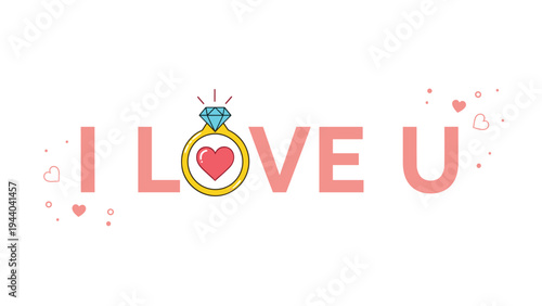 I love u romantic message features a cartoon diamond ring with a red heart in the center surrounded by smaller hearts and circular accents.