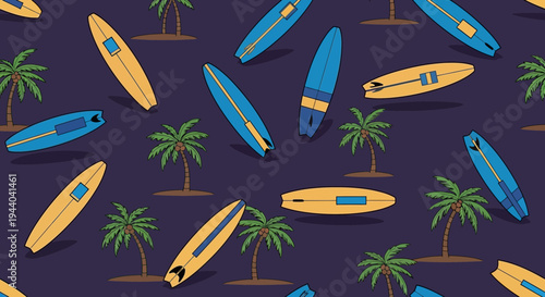 Surfboard and palm tree pattern, summer vacation, tropical beach design