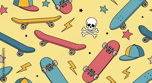 Skateboard Pattern: Colorful Skateboards, Hats, and Skull Icons on Yellow Background