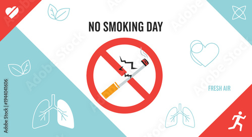 A graphic illustration for No Smoking Day featuring a crossed-out cigarette, lungs, hearts, and leaves, promoting health and fresh air.