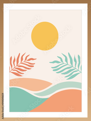 Minimal Boho Style Abstract Landscape with Sun, Tropical Leaves and Flowing Hills in Pastel Tones.