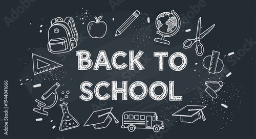 Chalkboard background with 'BACK TO SCHOOL' text surrounded by various school supplies like a backpack, apple, globe, microscope, and school bus.