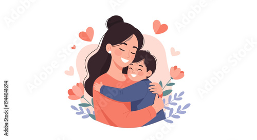 A heartwarming illustration of a loving mother embracing her happy son, surrounded by hearts and flowers, symbolizing their strong bond and affection.