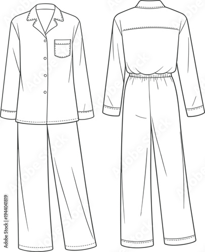 Flat sketch of women's long sleeve pajama set with collar, pocket, button front, elastic waist pants, sleepwear fashion illustration
