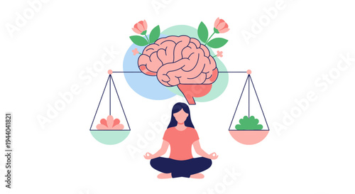 An illustration depicting a person meditating in a lotus position with a brain balanced on a scale above, symbolizing mental health, mindfulness, and emotional well-being.