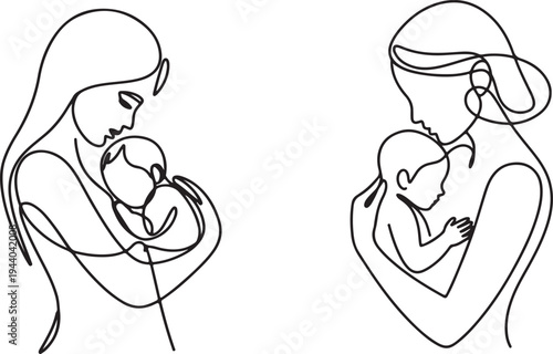 Mother and child embrace continuous line vector illustration