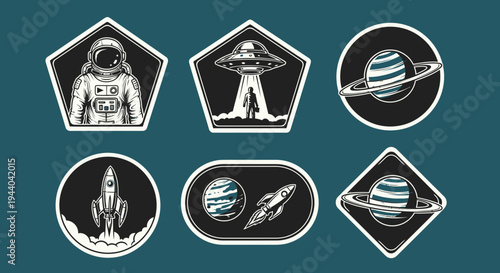 Space Exploration Icons: Astronaut, UFO, Rocket, Planets and Spaceship Stickers