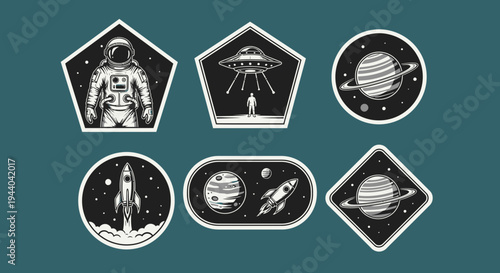 Astronaut, UFO, Rocket, Planets: Retro Space Travel Sticker Set