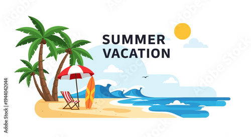 A vibrant illustration of a summer vacation beach scene with palm trees, an umbrella, a surfboard, and ocean waves under a sunny sky.