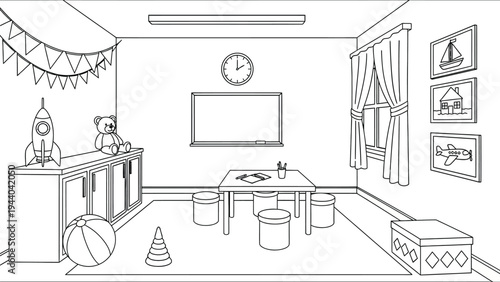 Preschool classroom interior coloring page featuring small table with stools toys blackboard clock and festive decorations for educational activities