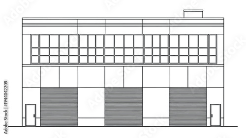 Modern industrial building elevation showing multiple large garage doors and upper floor window panels in clean architectural line drawing representation