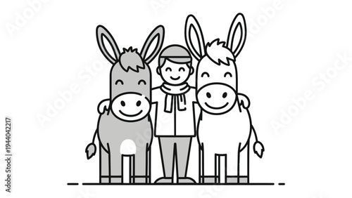 Friendship Trio: A heartwarming illustration of a person embraces the company of two donkeys, symbolizing the bond between humans and animals.