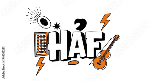 Playful Doodle Art: "HAF" Text, Guitar, Abacus, Sunburst, Lightning Bolts