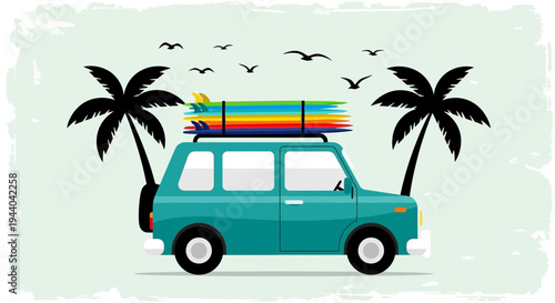 Turquoise car with surfboards on roof rack, palm trees, birds, beach vacation travel