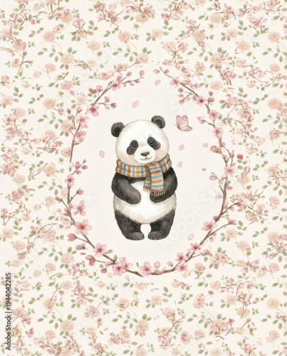Watercolor Panda Standing Inside a Pink Blossom Wreath with Butterfly.