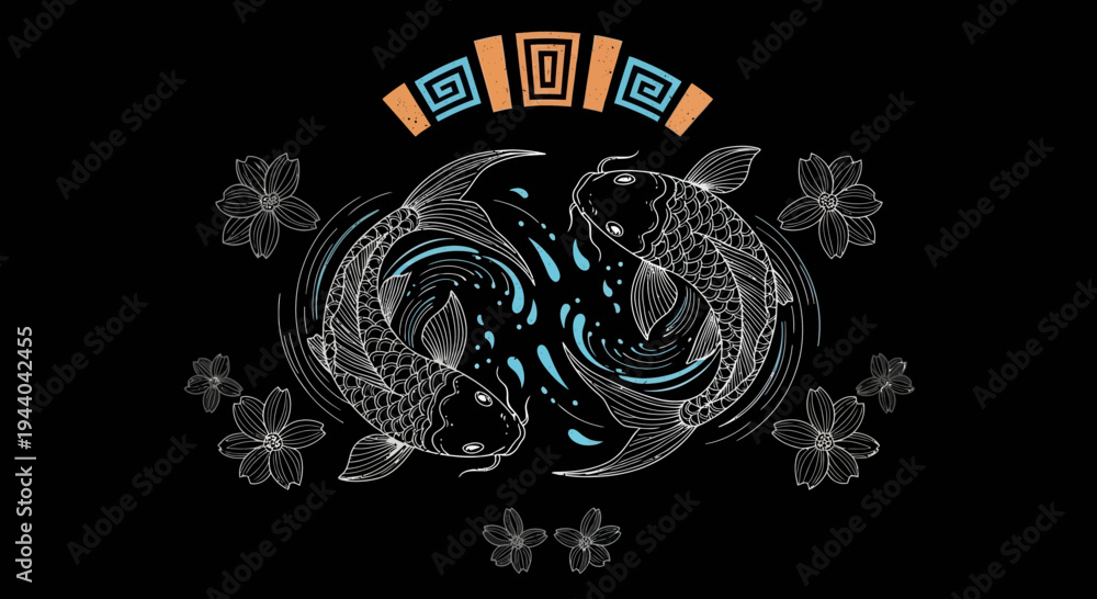 Fototapeta premium Yin Yang Koi Fish Symbol with Cherry Blossoms and Tribal Pattern