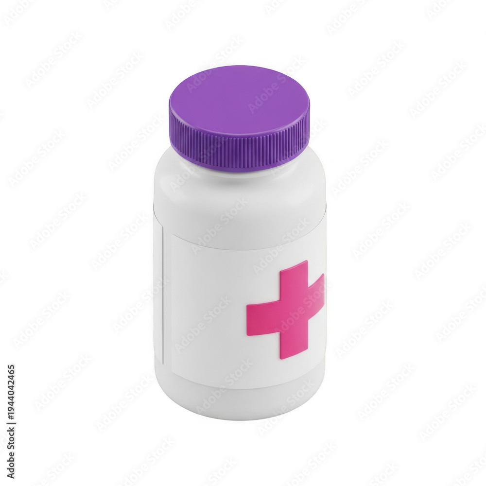 Fototapeta premium A white medicine bottle with a pink cross and purple cap