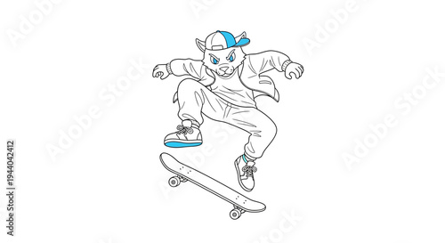 Cool Cartoon Cat Skater Performing Trick on Skateboard