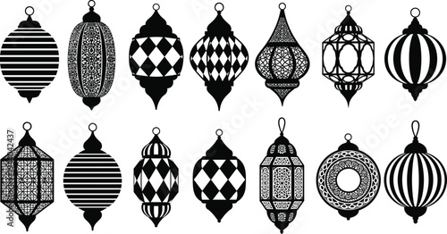 Collection of decorative Ramadan lantern silhouettes isolated on white background, traditional Arabic Islamic hanging lamps set for Eid Mubarak festive decoration vector illustration