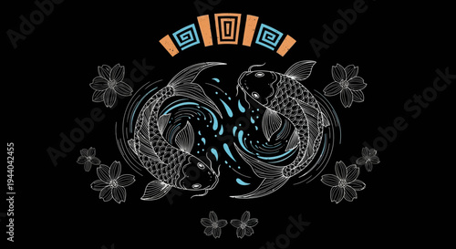 Yin Yang Koi Fish Symbol with Cherry Blossoms and Tribal Pattern