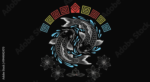 Yin Yang Koi Fish Symbol with Tribal Patterns and Flowers on Black Background