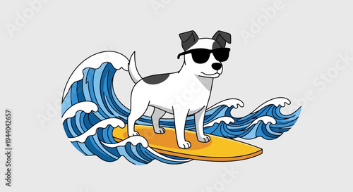 Cool dog surfing on a wave wearing sunglasses