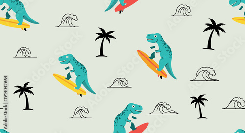 Cute Dinosaur Surfing on Surfboard, Tropical Beach Seamless Pattern