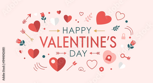 A festive and romantic illustration celebrating Valentine's Day with hearts, arrows, and decorative elements on a soft pink background.